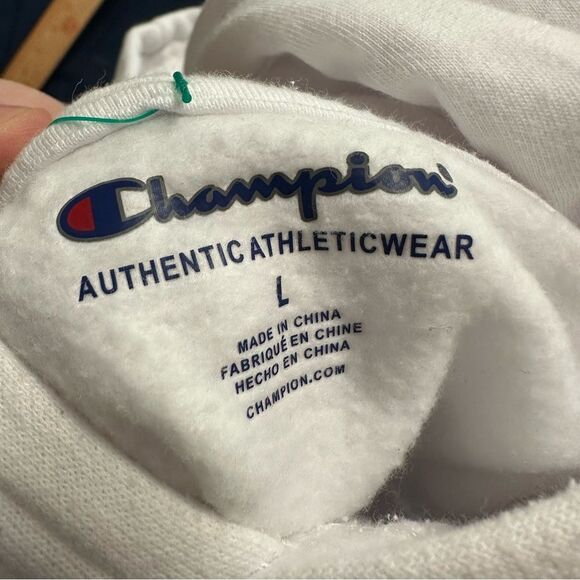 Champion White Hoodie Sweatshirt with Pink and Teal Logo - Picture 3 of 8